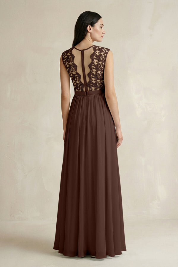 Lace Chiffon A - Line Round Neck Bridesmaid Dress in Espresso - SHE IS ME Bridesmaid Dresses