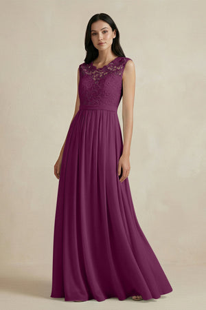 Lace Chiffon A - Line Round Neck Bridesmaid Dress in Fig - SHE IS ME Bridesmaid Dresses