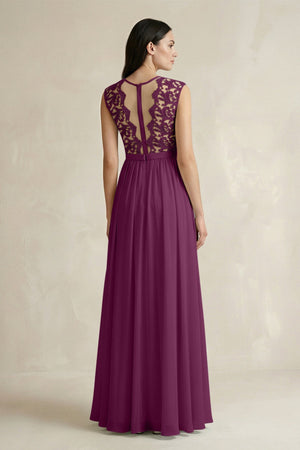 Lace Chiffon A - Line Round Neck Bridesmaid Dress in Fig - SHE IS ME Bridesmaid Dresses