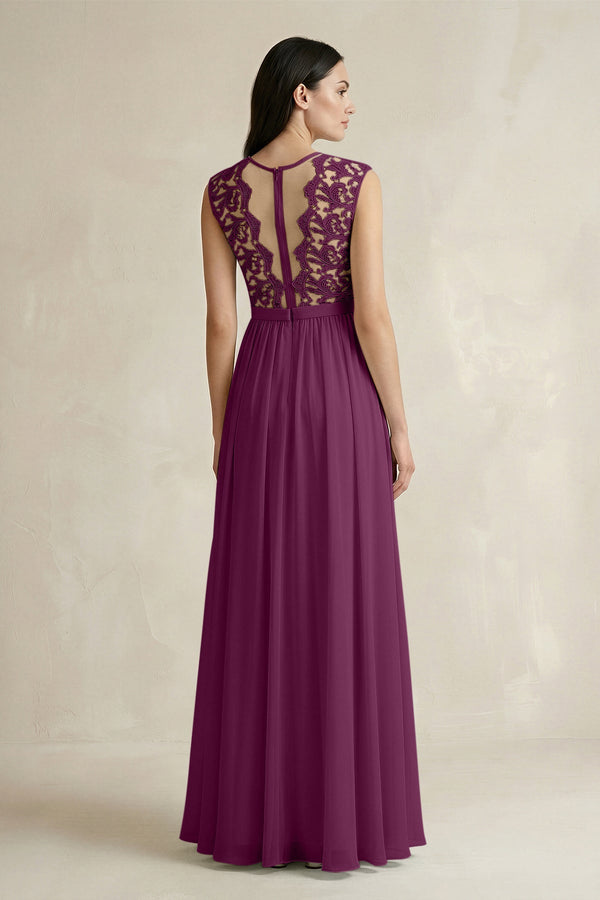 Lace Chiffon A - Line Round Neck Bridesmaid Dress in Fig - SHE IS ME Bridesmaid Dresses