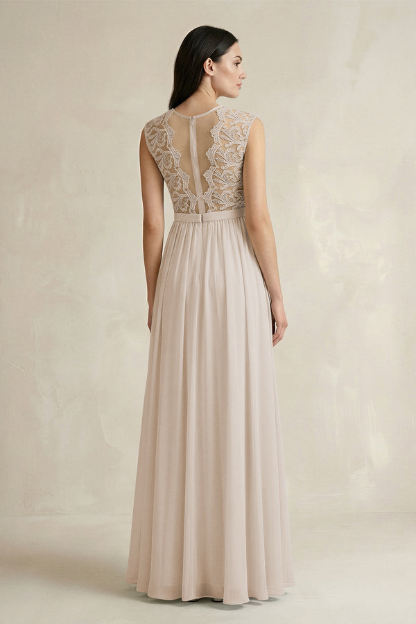 Lace Chiffon A - Line Round Neck Bridesmaid Dress in Frost - SHE IS ME Bridesmaid Dresses