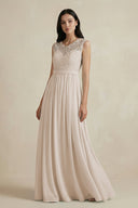 Lace Chiffon A - Line Round Neck Bridesmaid Dress in Frost - SHE IS ME Bridesmaid Dresses