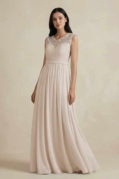 Lace Chiffon A - Line Round Neck Bridesmaid Dress in Frost - SHE IS ME Bridesmaid Dresses