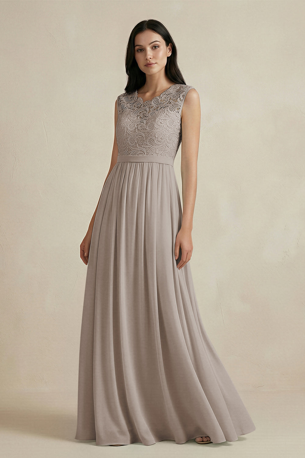 Lace Chiffon A-Line Round Neck Bridesmaid Dress in Frost