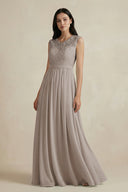 Lace Chiffon A - Line Round Neck Bridesmaid Dress in Frost - KISS BRIDAL Bridesmaid Dresses