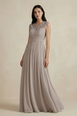 Lace Chiffon A - Line Round Neck Bridesmaid Dress in Frost - KISS BRIDAL Bridesmaid Dresses