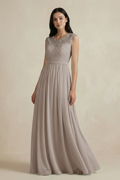 Lace Chiffon A - Line Round Neck Bridesmaid Dress in Frost - KISS BRIDAL Bridesmaid Dresses