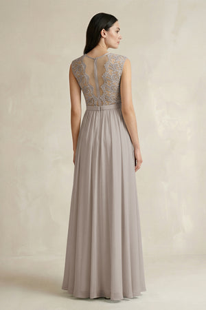 Lace Chiffon A - Line Round Neck Bridesmaid Dress in Frost - KISS BRIDAL Bridesmaid Dresses