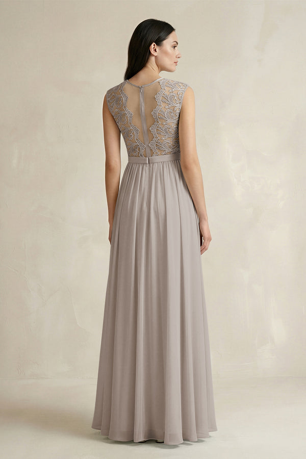 Lace Chiffon A - Line Round Neck Bridesmaid Dress in Frost - KISS BRIDAL Bridesmaid Dresses