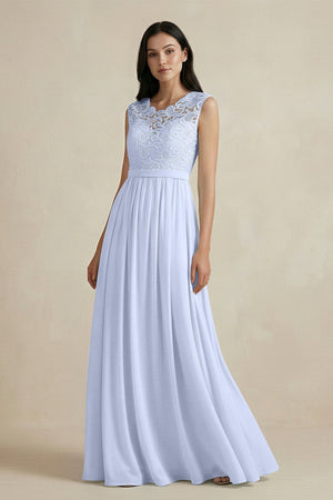 Lace Chiffon A - Line Round Neck Bridesmaid Dress in Ice - SHE IS ME Bridesmaid Dresses