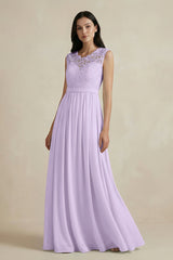 Lace Chiffon A - Line Round Neck Bridesmaid Dress in Lavender - KISS BRIDAL Bridesmaid Dresses