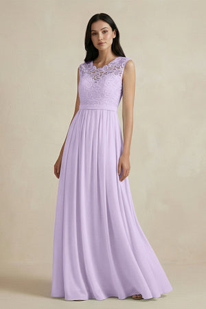 Lace Chiffon A - Line Round Neck Bridesmaid Dress in Lavender - SHE IS ME Bridesmaid Dresses