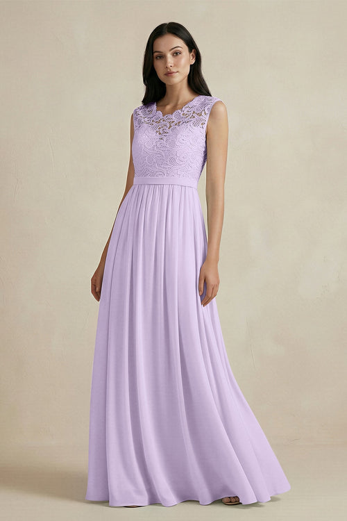 Lace Chiffon A - Line Round Neck Bridesmaid Dress in Lavender - SHE IS ME Bridesmaid Dresses