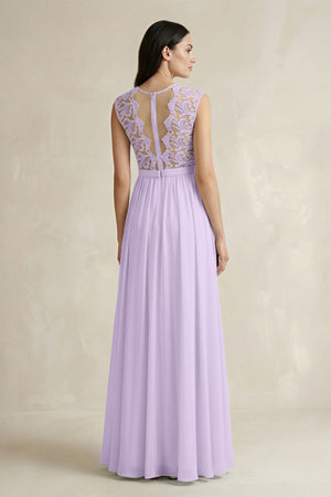 Lace Chiffon A - Line Round Neck Bridesmaid Dress in Lavender - SHE IS ME Bridesmaid Dresses