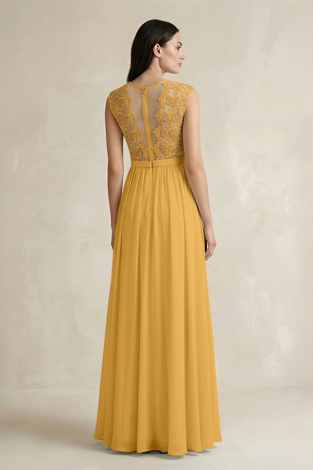 Lace Chiffon A - Line Round Neck Bridesmaid Dress in Marigold - KISS BRIDAL Bridesmaid Dresses