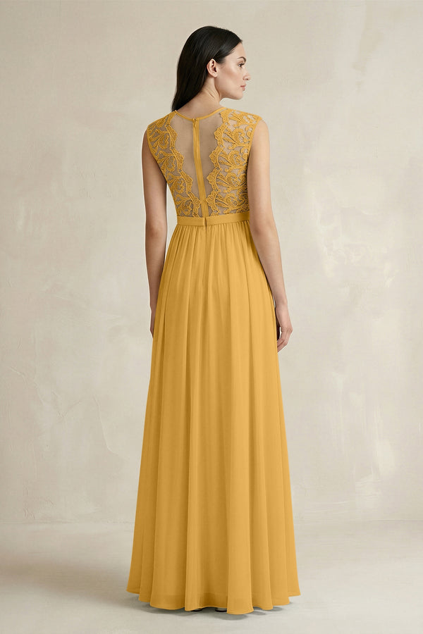 Lace Chiffon A - Line Round Neck Bridesmaid Dress in Marigold - SHE IS ME Bridesmaid Dresses