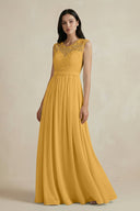 Lace Chiffon A - Line Round Neck Bridesmaid Dress in Marigold - SHE IS ME Bridesmaid Dresses