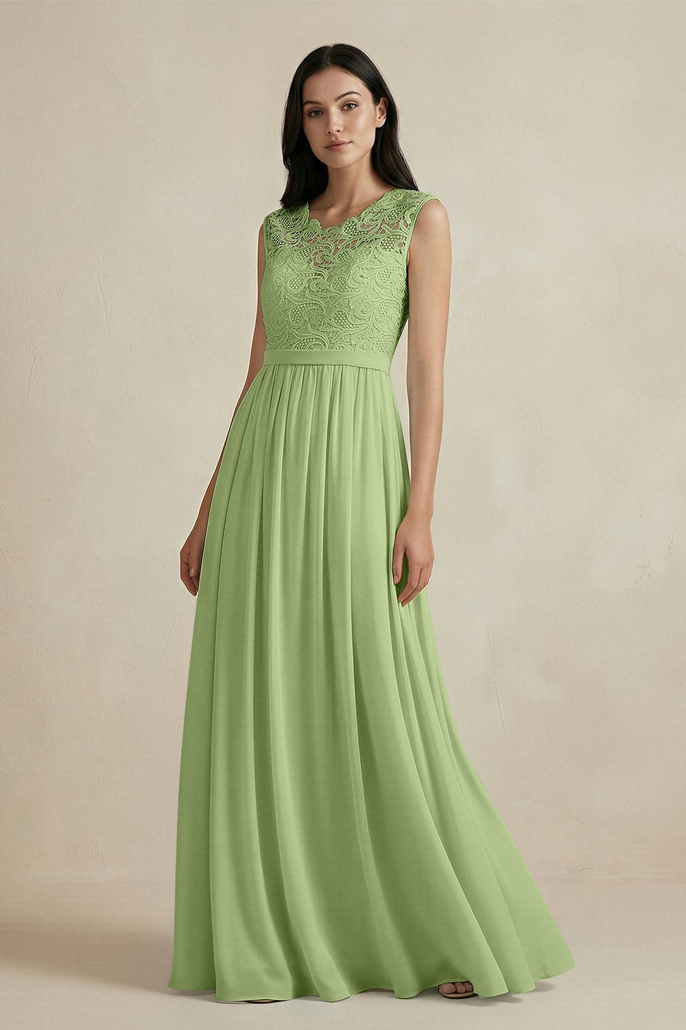 Lace Chiffon A - Line Round Neck Bridesmaid Dress in Matcha - KISS BRIDAL Bridesmaid Dresses