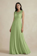 Lace Chiffon A - Line Round Neck Bridesmaid Dress in Matcha - SHE IS ME Bridesmaid Dresses
