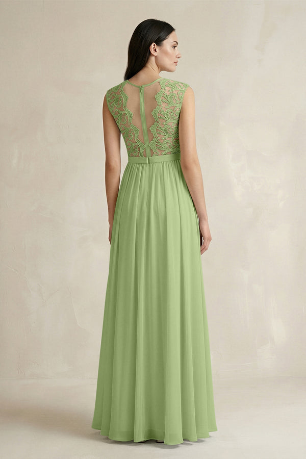 Lace Chiffon A - Line Round Neck Bridesmaid Dress in Matcha - SHE IS ME Bridesmaid Dresses