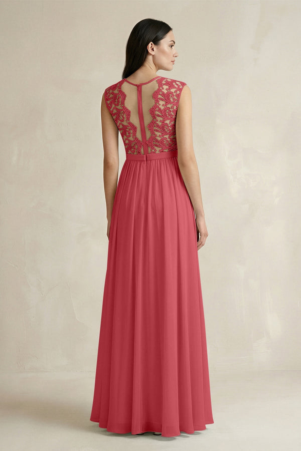 Lace Chiffon A - Line Round Neck Bridesmaid Dress in Merlot - SHE IS ME Bridesmaid Dresses