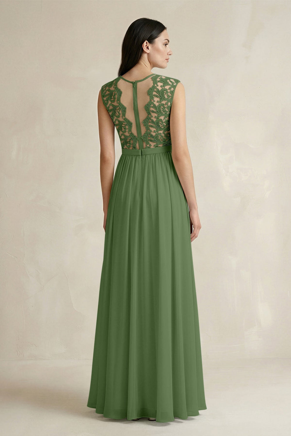 Lace Chiffon A - Line Round Neck Bridesmaid Dress in Moss - KISS BRIDAL Bridesmaid Dresses
