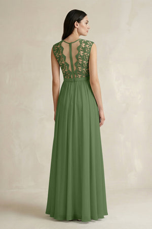 Lace Chiffon A - Line Round Neck Bridesmaid Dress in Moss - SHE IS ME Bridesmaid Dresses