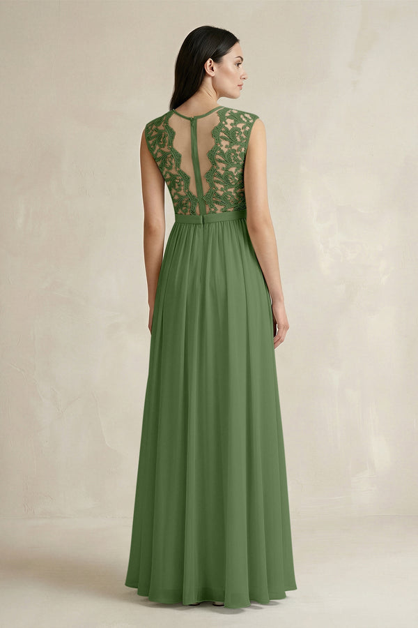Lace Chiffon A - Line Round Neck Bridesmaid Dress in Moss - SHE IS ME Bridesmaid Dresses