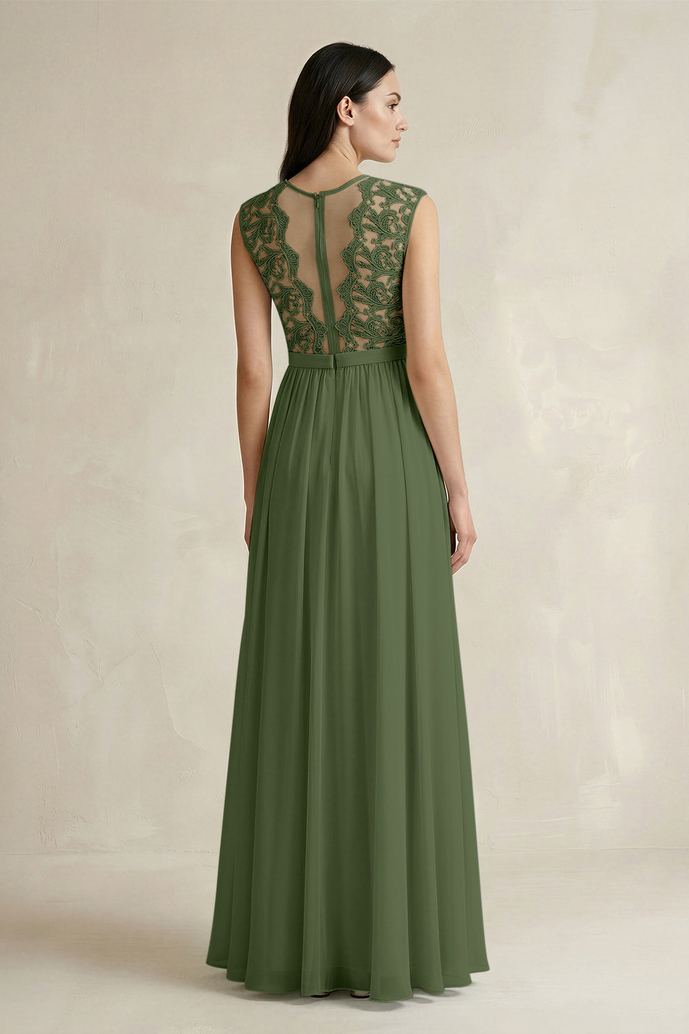 Lace Chiffon A-Line Round Neck Bridesmaid Dress in Moss