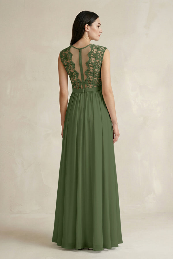 Lace Chiffon A-Line Round Neck Bridesmaid Dress in Moss (2) | KISSBRIDAL