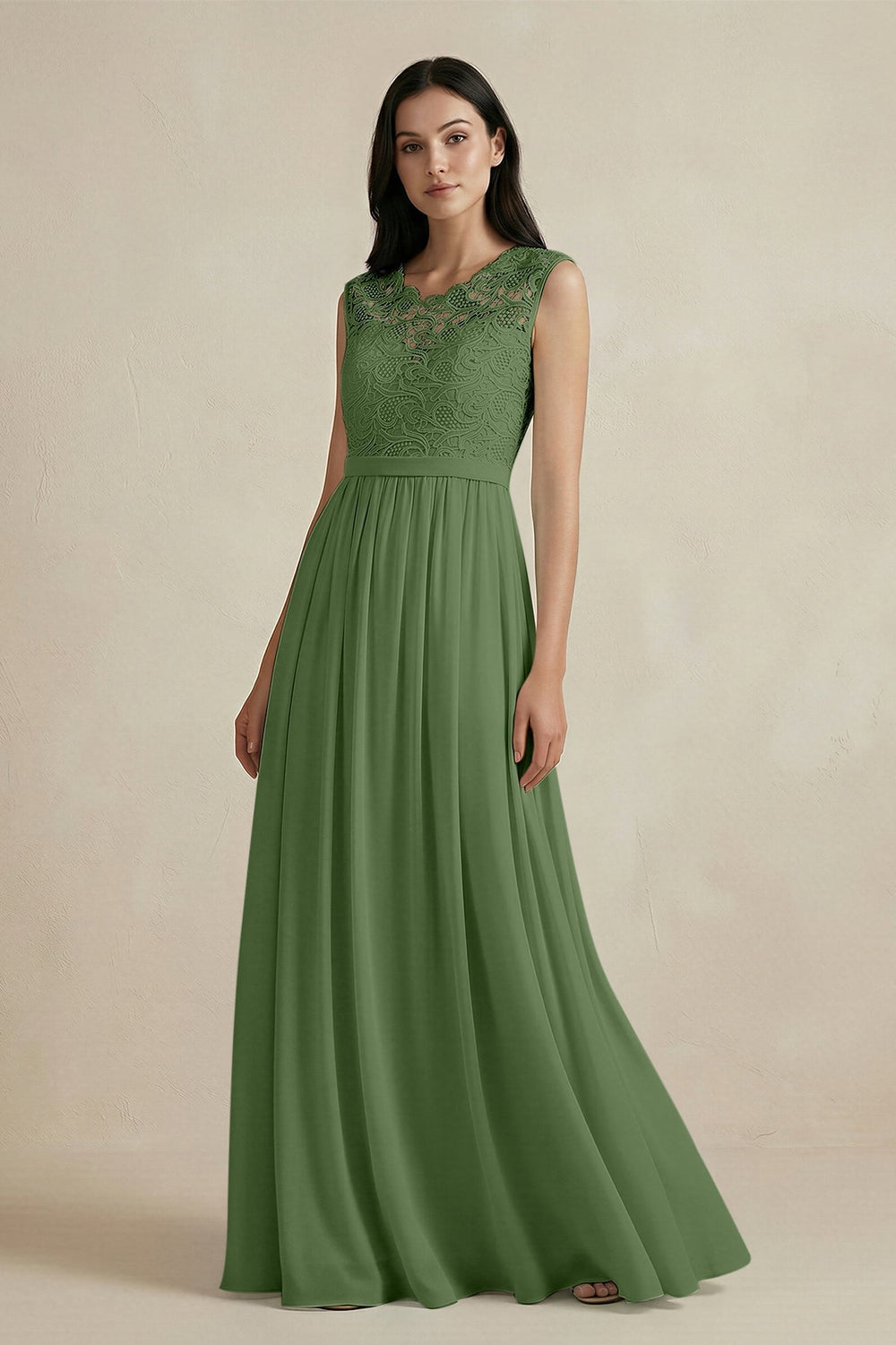 Lace Chiffon A - Line Round Neck Bridesmaid Dress in Moss - KISS BRIDAL Bridesmaid Dresses