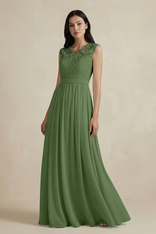 Lace Chiffon A - Line Round Neck Bridesmaid Dress in Moss - SHE IS ME Bridesmaid Dresses