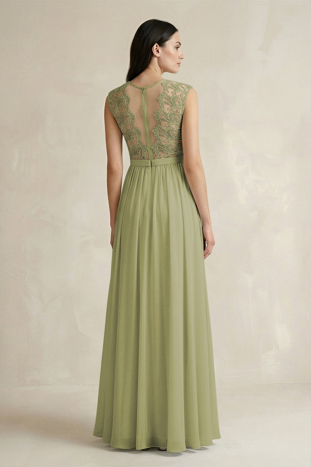 Lace Chiffon A - Line Round Neck Bridesmaid Dress in Moss Green - KISS BRIDAL Bridesmaid Dresses