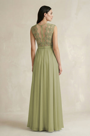 Lace Chiffon A - Line Round Neck Bridesmaid Dress in Moss Green - SHE IS ME Bridesmaid Dresses