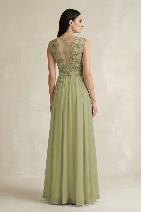 Lace Chiffon A - Line Round Neck Bridesmaid Dress in Moss Green - SHE IS ME Bridesmaid Dresses