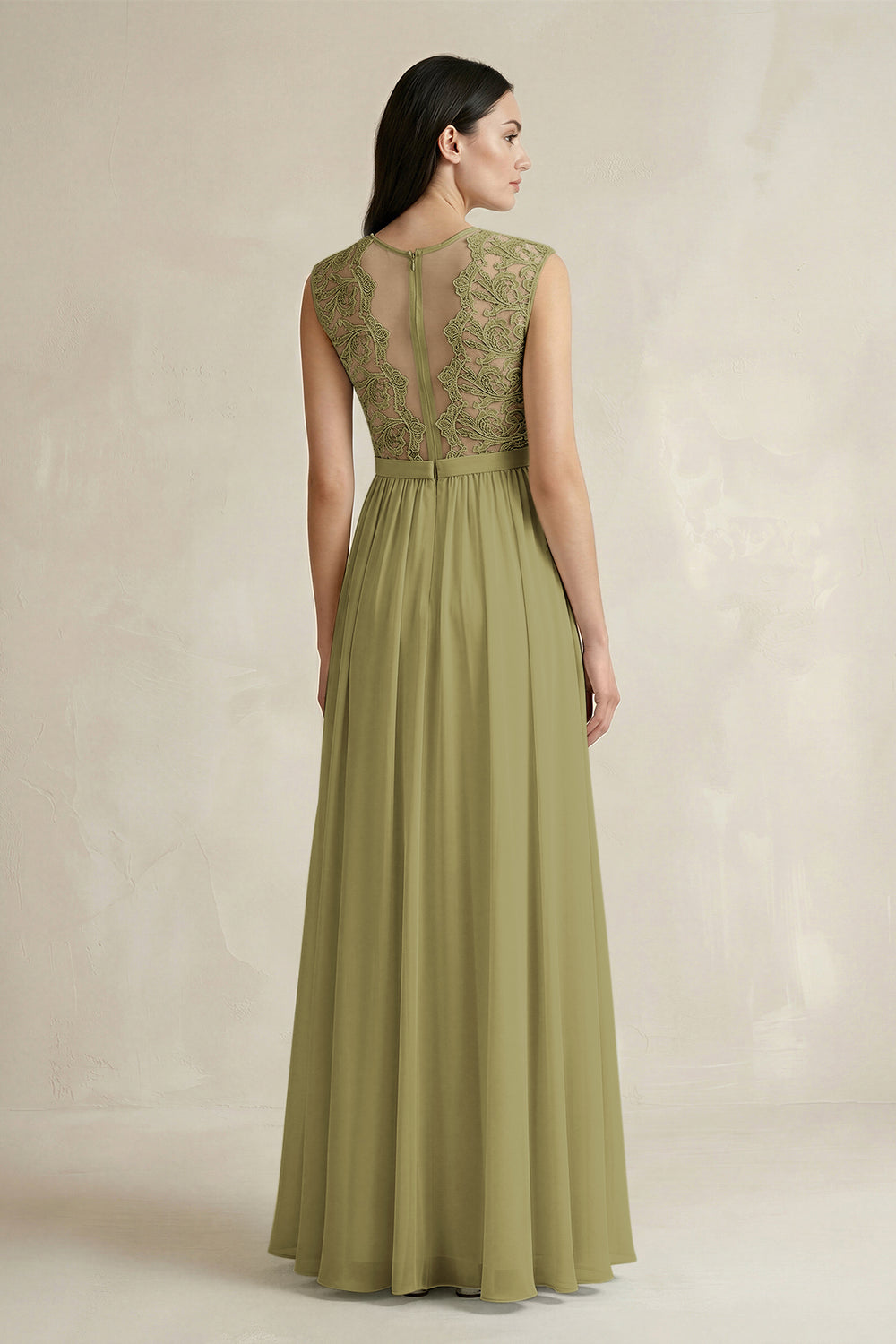 Lace Chiffon A-Line Round Neck Bridesmaid Dress in Moss Green