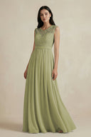 Lace Chiffon A - Line Round Neck Bridesmaid Dress in Moss Green - SHE IS ME Bridesmaid Dresses
