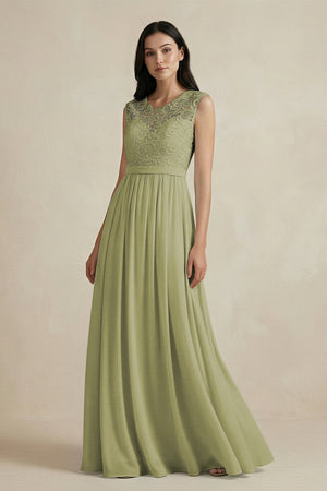 Lace Chiffon A - Line Round Neck Bridesmaid Dress in Moss Green - SHE IS ME Bridesmaid Dresses
