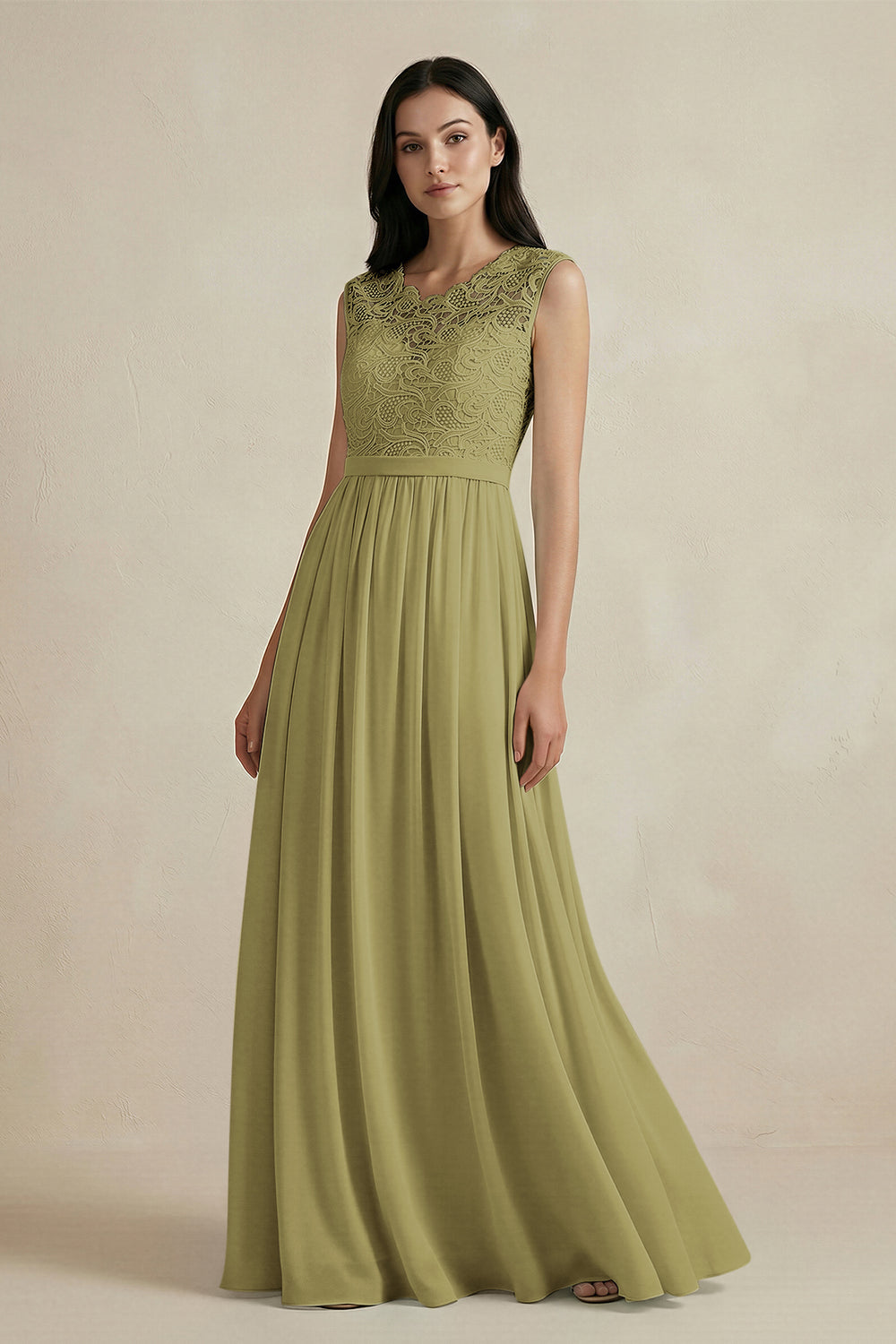 Lace Chiffon A-Line Round Neck Bridesmaid Dress in Moss Green