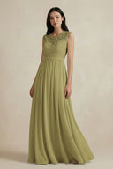 Lace Chiffon A-Line Round Neck Bridesmaid Dress in Moss Green | KISSBRIDAL