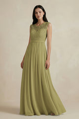Lace Chiffon A-Line Round Neck Bridesmaid Dress in Moss Green | KISSBRIDAL