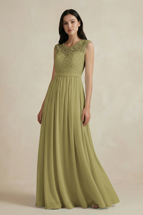 Lace Chiffon A-Line Round Neck Bridesmaid Dress in Moss Green | KISSBRIDAL