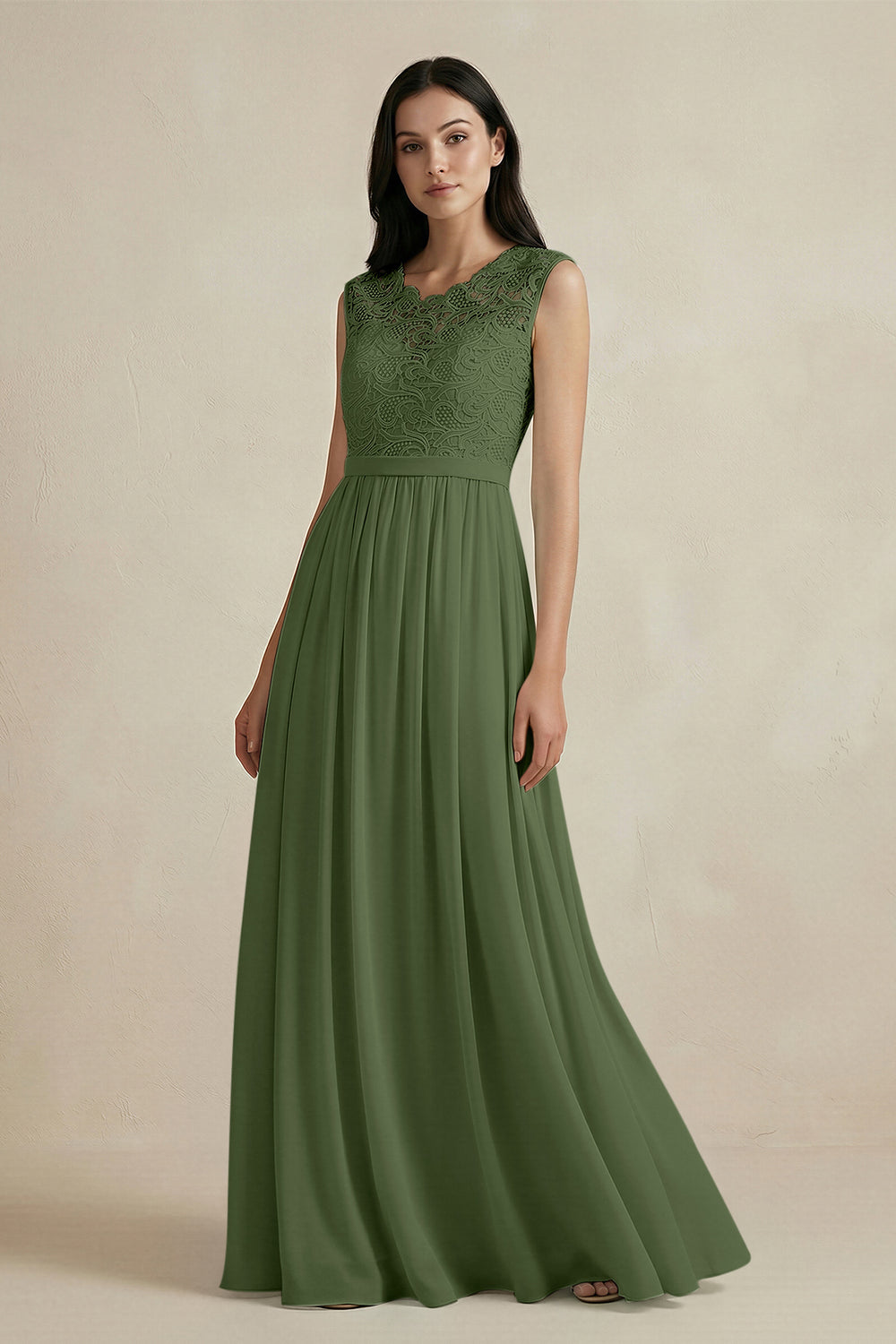 Lace Chiffon A-Line Round Neck Bridesmaid Dress in Moss