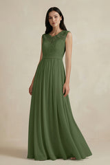 Lace Chiffon A-Line Round Neck Bridesmaid Dress in Moss | KISSBRIDAL