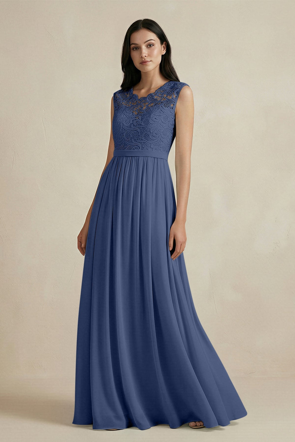 Lace Chiffon A - Line Round Neck Bridesmaid Dress in Navy - KISS BRIDAL Bridesmaid Dresses