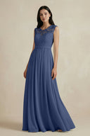 Lace Chiffon A - Line Round Neck Bridesmaid Dress in Navy - SHE IS ME Bridesmaid Dresses