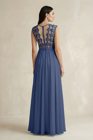 Lace Chiffon A - Line Round Neck Bridesmaid Dress in Navy - SHE IS ME Bridesmaid Dresses
