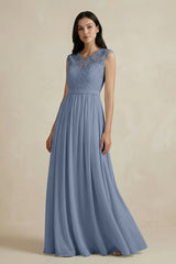 Lace Chiffon A - Line Round Neck Bridesmaid Dress in Neptune - KISS BRIDAL Bridesmaid Dresses