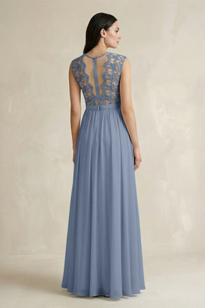 Lace Chiffon A - Line Round Neck Bridesmaid Dress in Neptune - SHE IS ME Bridesmaid Dresses