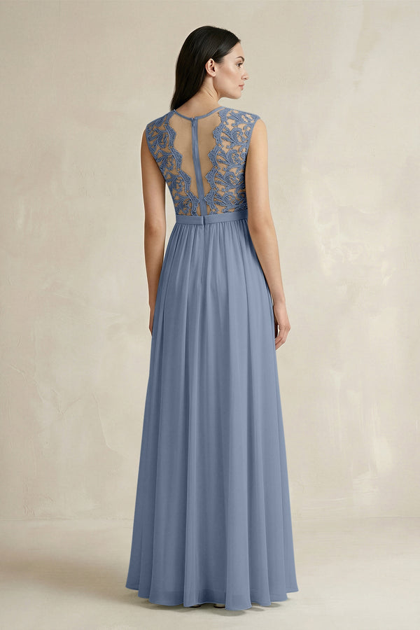 Lace Chiffon A - Line Round Neck Bridesmaid Dress in Neptune - SHE IS ME Bridesmaid Dresses